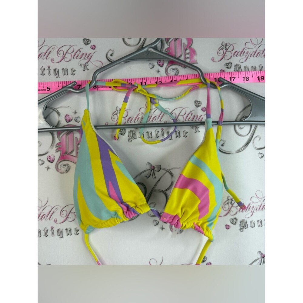 Bikini Halter Top Colorful Striped Triangle Bikini Top - Yellow, Pink & Mint